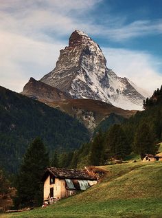 the mountain is covered in snow and green grass