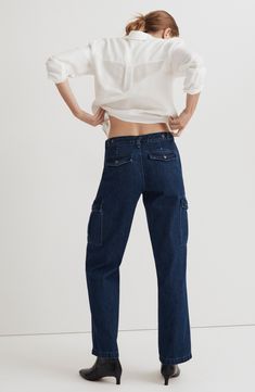 Designed to be slung low, these slouchy straight-leg jeans have workwear-inspired cargo pockets. Blended with recycled cotton, the denim has old-school character with zero stretch. Zip fly with button closure Front slant pockets; back button-flap pockets; cargo flap-patch pockets 95% cotton, 5% recycled cotton Machine wash, tumble dry Imported Straight Leg Cargo Jeans With Flap Pockets For Work, Relaxed Fit Jeans With Flap Pockets For Work, Mid-rise Cargo Pants For Workwear, Casual Cargo Jeans With Multiple Pockets For Work, High Rise Workwear Bottoms With Flap Pockets, Utility Cargo Jeans With Tapered Leg And Flap Pockets, Mid-rise Cargo Pants With Flap Pockets For Work, High Rise Bottoms With Flap Pockets For Workwear, High Rise Pants With Flap Pockets For Work