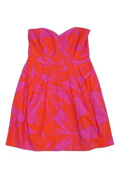 Current Boutique-Shoshanna - Pink & Orange Cotton Strapless Dress Sz 8 Summer Party Dress With Bust Darts, Sweetheart Neckline Mini Dress With Lined Bodice, Sleeveless Party Dress With Bust Darts, Flirty Stretch Lined Dress, Sleeveless Dress With Bust Darts For Date Night, Pink Stretch Dresses With Back Zipper, Pink Stretch Dress With Back Zipper, Summer Mini Dress With Back Zipper And Fitted Bodice, Fitted Sundress With Back Zipper