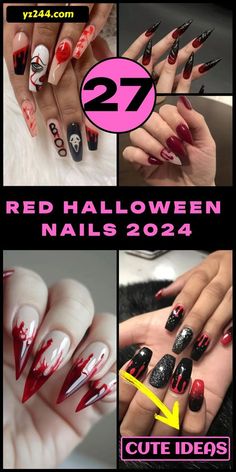 Maroon Halloween Nails, Red And Black Halloween Nails Acrylic, Dark Red Halloween Nails, Red Spooky Nails, Short Black And Red Nails, Halloween Nails Red And Black, Red Halloween Nails Acrylic, Black And Red Halloween Nails, Halloween Nails Red