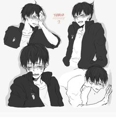 four different poses of an anime character with black hair and white shirt, one is holding his hand to his face