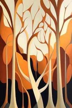 an abstract painting of trees with oranges and browns