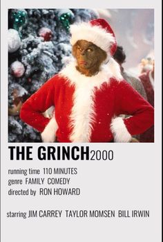 an advertisement for the grinch 2000 movie starring in front of a christmas tree with santa claus