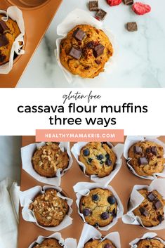 chocolate chip muffins with text overlay that says caasaa flour muffins three ways