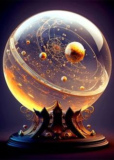 an image of a glass globe with planets in it's center and stars on the outside