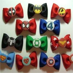 many different types of bow ties are arranged in the shape of spiderman and captain america