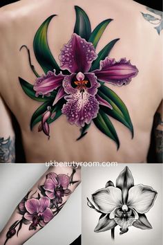 the back of a woman's body with tattoos and flowers on it