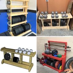 there are three different types of gym equipment in this photo and one is made out of wood