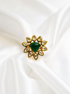 Emerald ring with Kundan gemstone for women Green Crystal Ring With Stone Setting For Wedding, Green Gemstone Flower Ring, Elegant Green Rings For Festive Occasions, Green Crystal Wedding Ring With Stone Setting, Traditional Green Toe Ring, Green Crystal Ring With Stone Setting For Gift, Green Crystal Ring With Stone Setting As Gift, Green Toe Ring Jewelry For Wedding, Emerald Ring With Stone Setting