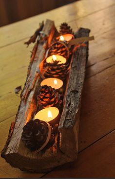 pine cones and candles are arranged in a log