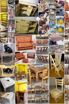 many different types of chairs and tables made out of pallet wood are shown in this collage