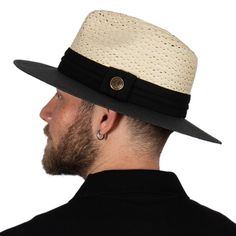 "Our handmade summer Panama hats are chic and stylish accessories for every occasions. They are made from real palm raffia. They are classic accessories with their vintage styles for summer, beach parties and holidays.  They are also great gift for every occasions.  Our fedoras are unisex and looks perfect for everyone.  Color : Black and Beige Size : 55-58 cm  Brim size : 7 cm ( 2.76\") Crown : 12 cm (4.75\") Ribbon : 3.5 cm trifold ribbon You can brush with softly brush and wipe with a damp ra Kentucky Derby Beach Panama Hat With Flat Bill, Flat Bill Fedora In Toquilla Straw For Vacation, Vacation Hats With Flat Bill In Toquilla Straw, Vacation Hat With Flat Bill Made Of Toquilla Straw, Adjustable Flat Bill Hat Band For Vacation, Adjustable Short Brim Panama Hat In Palm Leaf, Adjustable Short Brim Panama Hat, Summer Panama Hat With Flat Bill In Toquilla Straw, Toquilla Straw Hat With Flat Bill For Beach