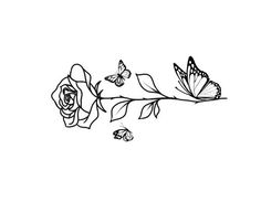 butterflies and roses on a branch with one butterfly flying over the other, in black and white