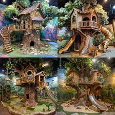 two pictures of children's play area with tree houses and slide in the middle