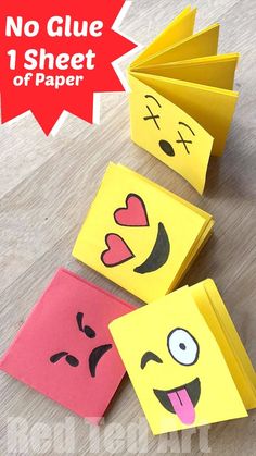 three folded paper emoticions with the words no glue 1 sheet of paper on them