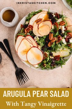 an image of a salad with apples and pecans in it on a table next to coffee