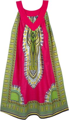 Bright pink vibrant print Dashiki style sundress with green background in one size. This sleeveless dress is printed in white and yellow Dashiki print - made with breathable 100% cotton fabric, it will be an ideal choice if you want to reflect a traditional African taste this summer. The one size fits most dress is going to feel comfortable, whatever may be your size. It has two side pockets for your keys, etc. An easy casual pull-over style summer dress is so unique, bright and cute, and slight Green Cotton Beach Sundress, Green Bohemian Printed Sundress, Green Printed Summer Sundress, Green Cotton Sundress, Green Cotton Sundress For Vacation, Green Cotton Maxi Dress For Beach, Green Printed Cotton Sundress, Green Cotton Dress With Vibrant Print, Green Vibrant Print Dress For Festival