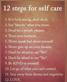 a sign with the words 12 steps for self care written on it, and an image of