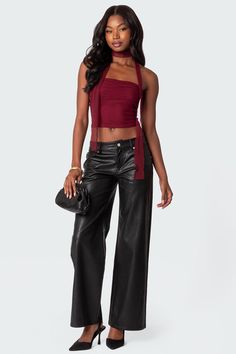 Pants Straight leg Low rise waist Faux Leather Model wears size S Model height is 5'9 Item care: Hand wash Leather Pants Low Rise, Low Waisted Leather Pants, Low Waist Leather Pants, Wide Leg Leather Pant, Low Rise Leather Pants, Faux Leather Straight Leg Pants, Mesh Scarf, Faux Leather Jeans, Top Strapless