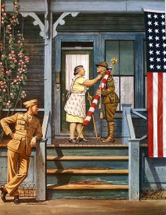 a painting of two men and a woman on the porch of a house with an american flag