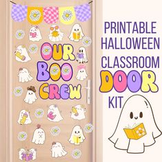 the door is decorated with halloween boo's and ghost stickers for kids to decorate