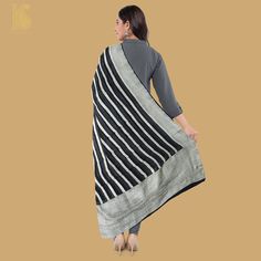 Black Pure Georgette Handloom Banarasi Stripes Dupatta - Khinkhwab Festive Pashmina Dupatta With Traditional Patterns, Bollywood Style Pashmina Dupatta With Traditional Patterns, Pashmina Dupatta With Zari Weaving For Festive Occasions, Festive Pashmina Dupatta With Zari Weaving, Diwali Pashmina Dupatta With Zari Weaving, Bollywood Style Pashmina Dupatta With Zari Weaving, Eid Semi-stitched Dupatta With Border, Traditional Dupatta With Border In Shawl Shape, Pashmina Dupatta With Zari Weaving