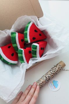 a hand is holding a piece of fabric that has watermelon slices on it