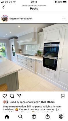 an instagramted photo of a kitchen with white cabinets and marble counter tops on the bottom right side