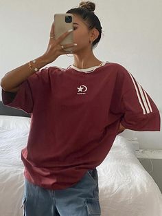 Women's Summer Loose Fit Round Neck Drop Shoulder Sleeve T-Shirt With Letter And Stripe Print Burgundy Casual  Three Quarter Length Sleeve Polyester Cartoon,Colorblock,Letter,Striped  Slight Stretch  Women Clothing, size features are:Bust: ,Length: ,Sleeve Length: Red Graphic Tee Outfit, Shein Clothes, Drop Shoulder Sleeve, Summer Outfits Y2k, Graphic Tee Outfits, Drop Shoulder Tee, Outfits Y2k, Round Neck Tees, Loose Fitting Tops