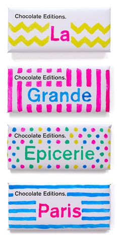 three different types of chocolates with the words la, grande and epicerie on them