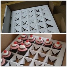 two pictures of cupcakes with pink and white frosting on them in a box