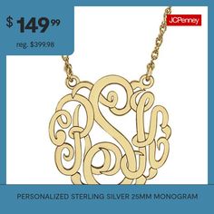 Add a personalized touch to your jewelry collection with this sterling silver monogram necklace. Initials will appear exactly as entered. Must be three letters, center initial will be enlarged.Closure: Spring-RingPendant Size: 25mm DiameterPersonalize: Up to 3 initials in script font. Initials will appear exactly as entered; center initial will be enlarged.Included: 1 Necklace(s)Features: Monogrammable, PersonalizedShape: RoundMetal Color: YellowChain Length: 18 InchChain Width: 1.25 Millimeter… Silver Monogram Initial Necklace For Mother's Day, Sterling Silver Monogram Name Necklace For Anniversary, Mother's Day Monogram Sterling Silver Name Necklace, Mother's Day Silver Monogram Initial Necklace, Silver Monogram Name Necklace For Mother's Day, Customizable Sterling Silver Initial Necklace In Silver, Sterling Silver Monogram Name Necklace For Personalized Gift, Silver Monogram Name Necklace For Anniversary, Sterling Silver Monogram Name Necklace As Personalized Gift