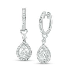 These exquisite diamond-touched drop earrings are a tantalizing look that doesn’t stop. Crafted in sterling silver, each earring glistens with a beautiful 8.0 x 6.0mm pear-shaped lab-created bright white sapphire outlined in glittering diamonds. A petite round bezel-set created sapphire accent and polished half-loop top the dangle, while additional created sapphires line the sculpted ear wire to complete this eye-catching style. Radiant with 1/5 ct. t.w. of diamonds and a brilliant buffed luster Elegant Teardrop Diamond Earrings With Diamond Accents, Elegant Teardrop Diamond Earrings With Accents, Elegant White Gold Drop Diamond Earrings, Timeless Teardrop Cubic Zirconia Diamond Earrings, Elegant Teardrop Brilliant Cut Earrings, Timeless Teardrop Earrings With Diamond Accents, Timeless Drop Diamond Earrings In Sterling Silver, Classic White Gold Teardrop Diamond Earrings, Diamond Teardrop Earrings Fine Jewelry