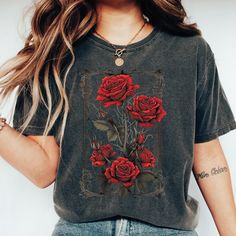 Vintage Roses Shirt Vintage Flower Tshirt Retro Roses Shirt Gothic Flowers Tarot Card Shirt Tshirt Oversized Tshirt Floral Graphic Tee, Comfort Colors® Gildan is back with its garment-dyed t-shirt, a fully customizable tee made 100% with ring-spun cotton. The soft-washed, garment-dyed fabric brings extra coziness to your wardrobe while the relaxed fit makes it an excellent daily choice. The double-needle stitching throughout the tee makes it highly durable while the lack of side-seams helps the Casual Rose Print Crew Neck T-shirt, Short Sleeve Rose Print Graphic Tee Tops, Cotton Crew Neck Top With Rose Print, Casual Rose Cotton Top, Casual Rose Tops With Rose Design, Casual Rose Print Tops, Casual Rose Print Tops In Rose Color, Rose Color Crew Neck Top With Rose Print, Tarot Card Shirt