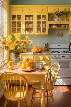 a kitchen with yellow cabinets and sunflowers in the window sill on the table