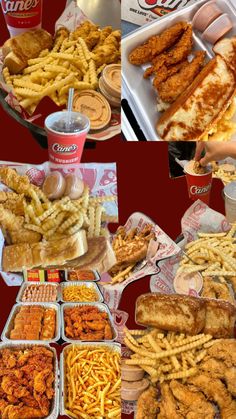 several different pictures of food including chicken and french fries