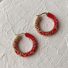 Red Ombre Beaded Hoop Earrings Gold Gradient Seed Bead Hoop Earrings Ready to Ship Gift for Mom - Etsy Seed Bead Hoop Earrings, Bead Hoop Earrings, Gold Gradient, Red Ombre, Hoop Earrings Gold, Creating Jewelry, Beaded Hoop Earrings, Beaded Hoops, Bead Jewelry