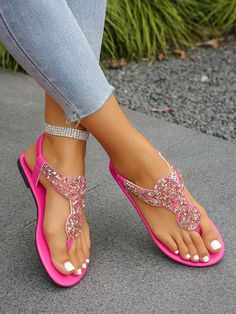 Plus Size Women's 35-43 European-Style Champagne Glitter Flip-Flops, Casual Beach Sandals, Daily Wear, Open-Toe, Fluorescent Pink Slippers With Slip-On | SHEIN USA Pink Glitter Sandals For Summer, Pink Rhinestone Sandals For Summer, Pink Glitter Sandals For Spring, Spring Vacation Glitter Sandals, Pink Sandals For Beach Season Parties, Pink Sandals For Beach Party, Glitter Flip Flops, Casual Beach Sandals, Pink Slippers