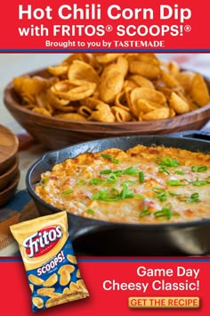 a flyer for a hot chili corn dip with frito's scoops on it