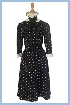 Vintage 70s, 80s polka dot dress. Fit and flare silhouette. Shirtwaist style with button closure to waist. Full skirting that drapes beautifully. Snaps and sleeve cuffs. Please note that photos were taken with crinoline which is not included and for inspirational purposes. See third photo to view Polka Dot Collared Dress With Buttons, Collared Polka Dot Dresses With Buttons, 1950s Style Polka Dot Vintage Dress, Retro Fitted Polka Dot Vintage Dress, Fitted Retro Polka Dot Vintage Dress, Vintage Polka Dot Long Sleeve Dresses, Vintage Long Sleeve Polka Dot Dress, Fitted Polka Dot Vintage Dress, Classic Polka Dot Dress For Spring