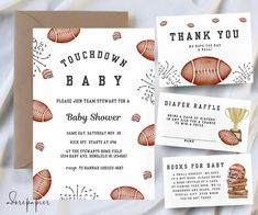 a football themed baby shower is shown with matching cards, envelopes and thank you notes