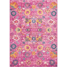 a pink rug with colorful flowers on it