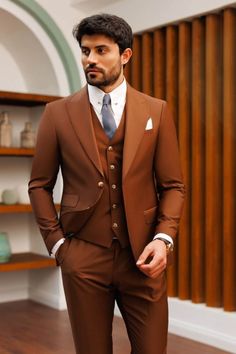 "This is a Classic 3 Piece Suit by Golden Attire crafted from high quality fabric and imported materials. Our products are handcrafted by experienced tailors who make sure the that the stitching is precise, lining is proper and the overall product is sturdy enough to not go out of shape for more than a few years. Also all our products have extra margins in their length, sleeves, sides so it's easily alterable if your size changes after some time. To see more available colours and designs in this collection, Check out the 'Classic Two Piece Suits' Section. *This is a 3 piece set  and a trouser. *We also offer customization so we can provide you an even better fit if you massage us your measurements (in inches) of Chest, Stomach, Waist, Hip, Shoulder and Actual Height after ordering. *Want t Men Groom Outfit, Dusty Rose Suit, Blazer Waistcoat, Mens Wedding Suits, Suit Prom, Suit Groom, Suit Stores, Brown Suit, Slim Fit Suit Men