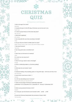 a christmas quiz is shown with snowflakes on the bottom and words below it