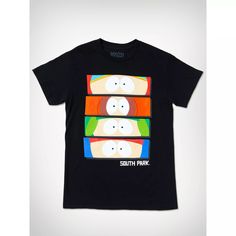 a black t - shirt with three faces on the front and one face in different colors