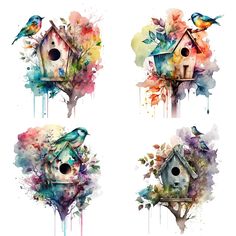 four watercolor bird houses with birds on them