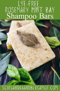 rosemary mint soap bar on top of leaves with text overlay that reads lyfe - free rosemary mint bay shampoo bars