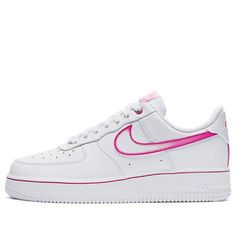 The Nike Air Force 1 Low 'Airbrush Pink Gradient' is a stylish addition to any wardrobe. The all-white leather base is complemented by exposed stitching and signature perforations on the toe box and side panels. The upper is contrasted with a vibrant pink hue, including a gradient effect on the Swoosh logo. The design is finished with a durable white AF1 rubber sole. Perfect for everyday wear, this sneaker is inspired by the iconic Air Force 1 series and is sure to turn heads. (AF1/SNKR/Skate/Casual/Low Top/Women's) Nike Air Force 1 White Leather, Nike Air Force 1 White Leather Sneakers, White Leather Nike Air Force 1, Modern White Nike Air Force 1 In Leather, Modern White Leather Nike Air Force 1, White Sneakers With Contrast Stitching For Sports, White Low-top Sneakers With Contrast Stitching, Pink Nike Shoes, Pink Nikes