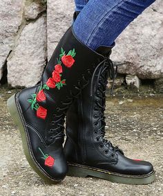 Black & Red Rose Combat Boots - Women. Step out in these eye-catching lace-up combat boots. Featuring embroidered rose embellishments, these tough boots exude a uniquely outgoing charm.1.37'' heel10.23'' shaftZip closureMan-made upperMan-made liningMan-made footbedMan-made midsoleRubber soleImported Mars Astrology, Rose Embellishments, Natal Chart Astrology, Black Red Rose, Pretty Boots, Chart Astrology, Embroidered Rose, Red Carnelian, Womens Combat Boots