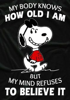 a black t - shirt with a cartoon dog saying, my body knows how old i am but my mind refuses to believe it